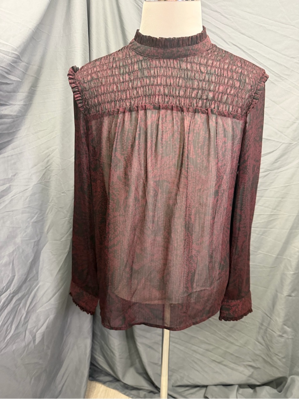 Sheer Ruffle-Yoke Blouse in Dark Maroon and Black